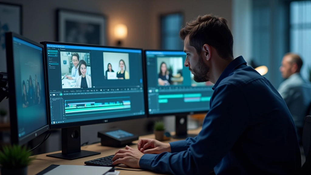 Editor a trabalhar com interface futurista de edição, mostrando controles gestuais e painéis inteligentes